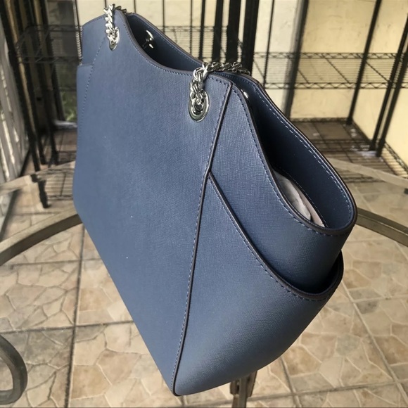 MICHAEL KORS JET SET TRAVEL LARGE CHAIN SHOULDER LEATHER TOTE BAG NAVY/SILVER - Picture 4 of 9